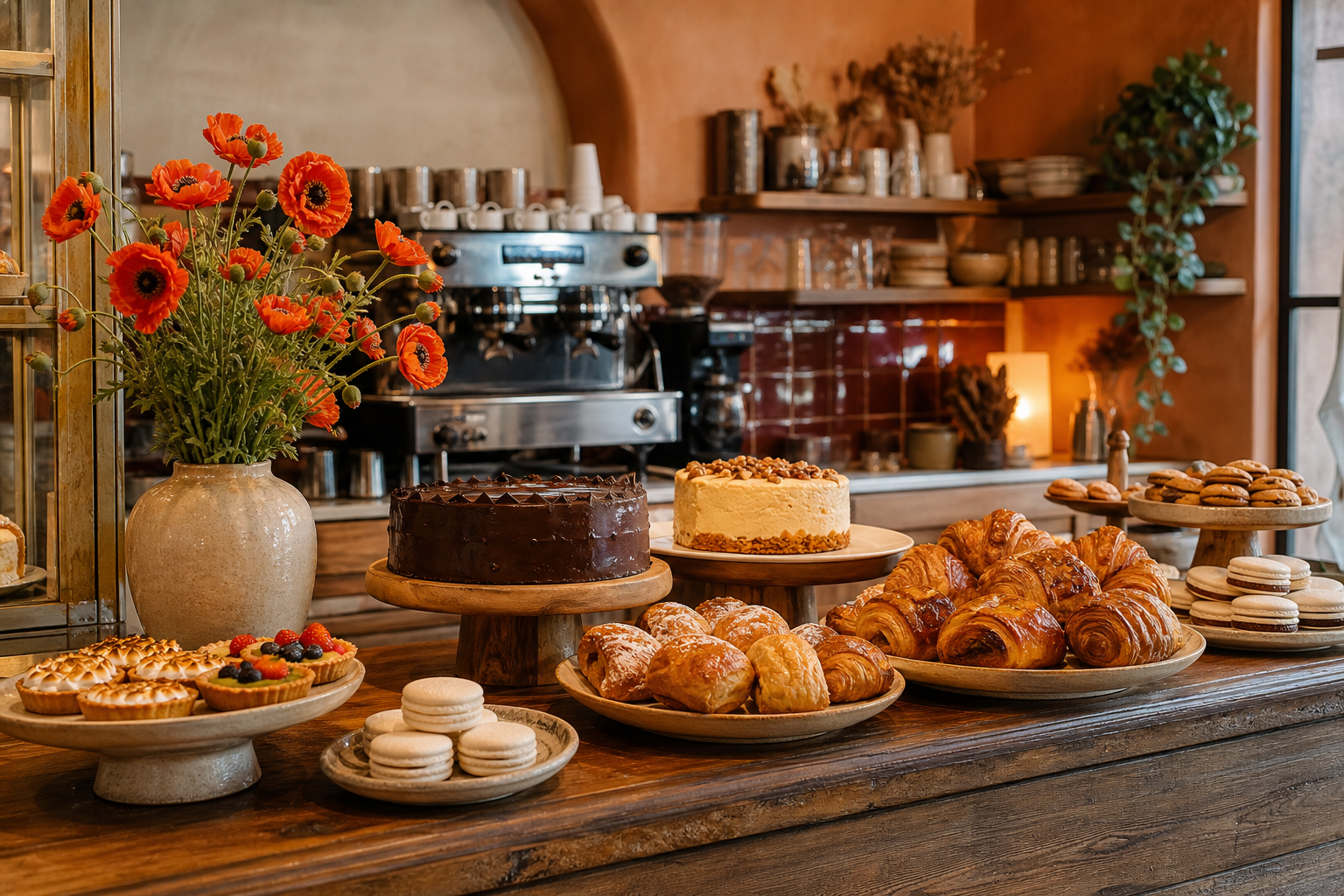 Interior cálido de Amapola Pastelería en Gualeguaychú, con mostrador de madera, vitrina de tortas y masas artesanales y máquina de café de especialidad